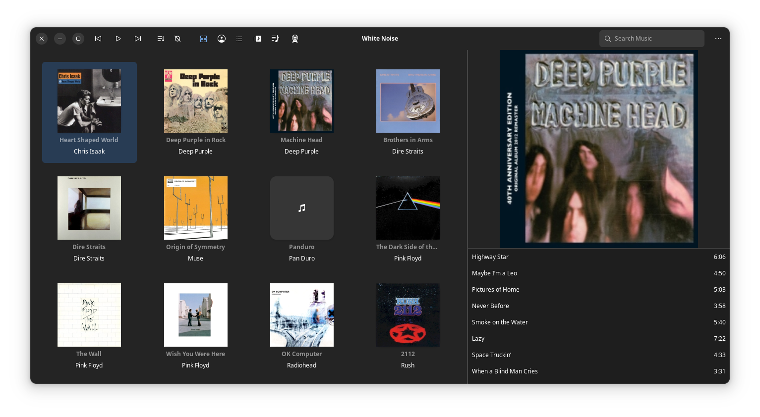 Screenshot of the White Noise desktop music player on Linux